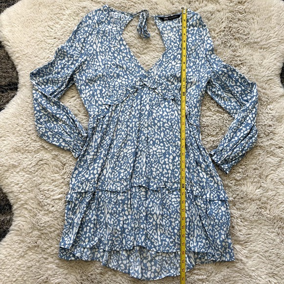 Zara Blue Floral Long Sleeve Ruffle Boho Dress with Keyhole Back and Tie Size M - Picture 5 of 8